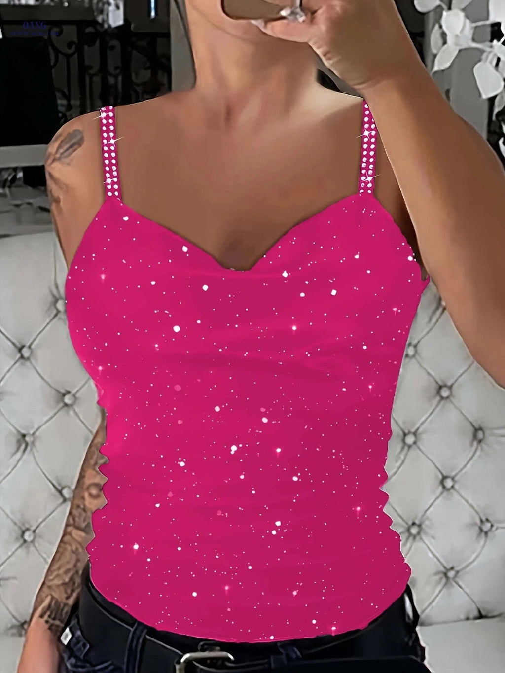 Stylish Rhinestone Strap Camisole for Women - Sexy V-Neck Top   OAXG Black / S