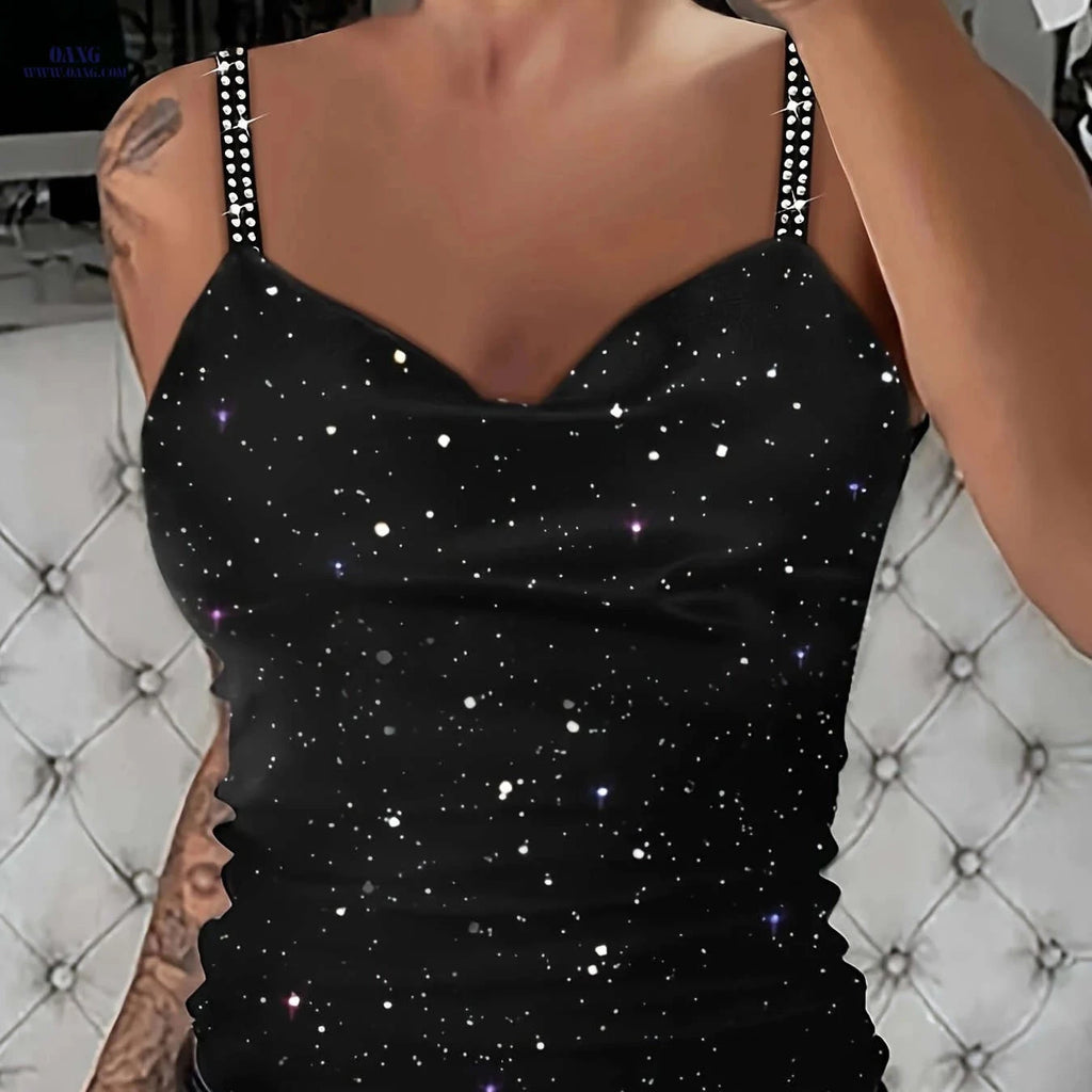 Stylish Rhinestone Strap Camisole for Women - Sexy V-Neck Top   OAXG Black / S