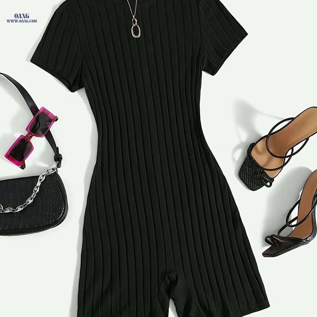 Stylish Ribbed Knit Turtleneck Jumpsuit - Mid Elasticity Fabric   OAXG 