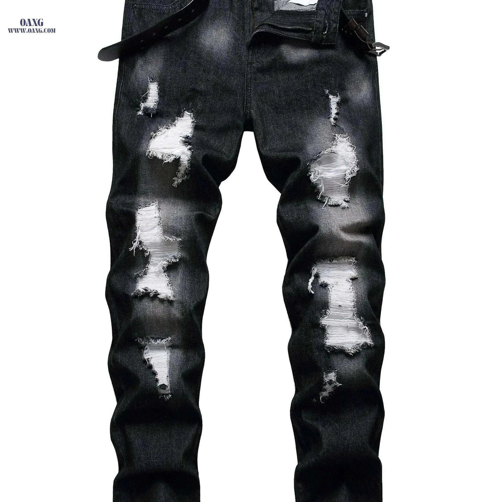Stylish Ripped Jeans for Men - Slim Fit Straight Leg Denim Pants   OAXG Black / 28
