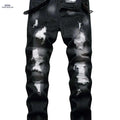 Stylish Ripped Jeans for Men - Slim Fit Straight Leg Denim Pants   OAXG Black / 28