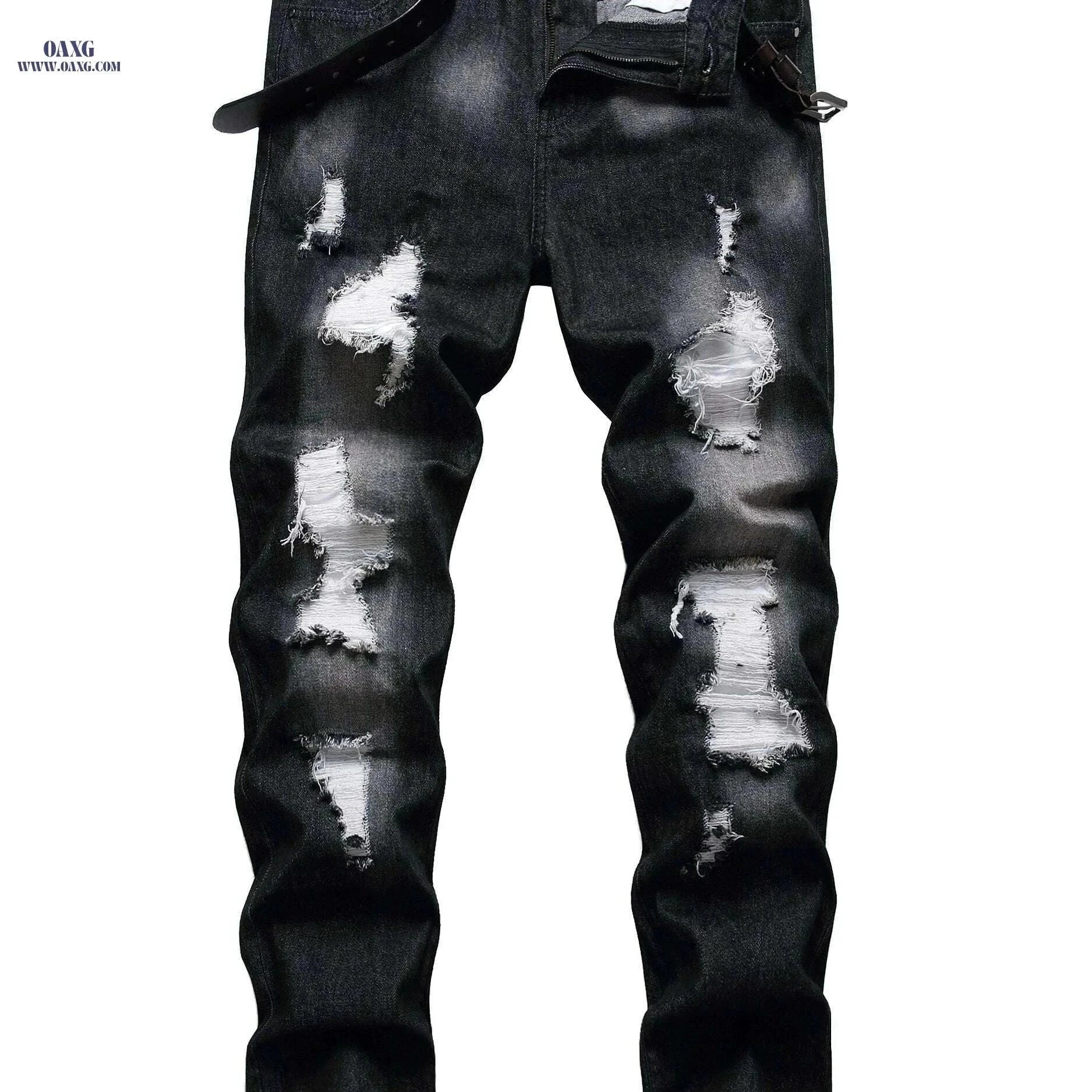 Stylish Ripped Jeans for Men - Slim Fit Straight Leg Denim Pants   OAXG Black / 28