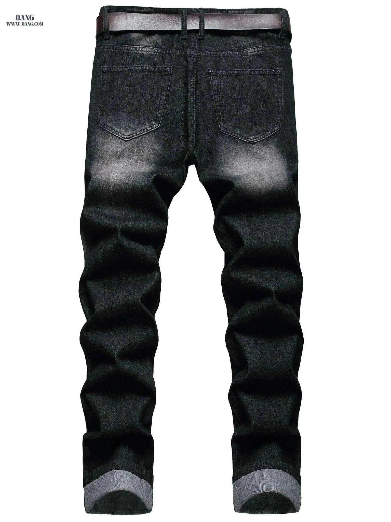 Stylish Ripped Jeans for Men - Slim Fit Straight Leg Denim Pants   OAXG Black / 28