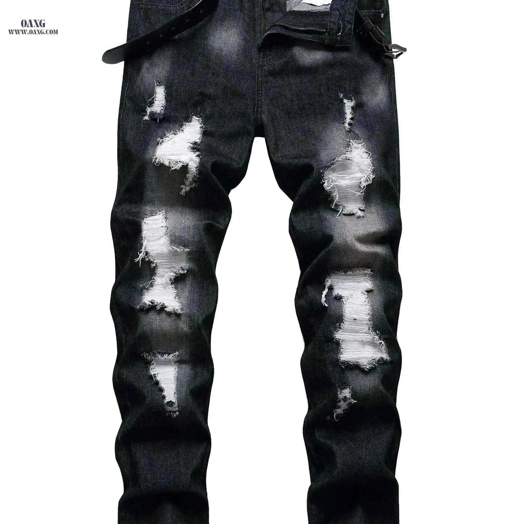 Stylish Ripped Jeans for Men - Slim Fit Straight Leg Denim Pants   OAXG Black / 28