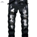 Stylish Ripped Jeans for Men - Slim Fit Straight Leg Denim Pants   OAXG Black / 28