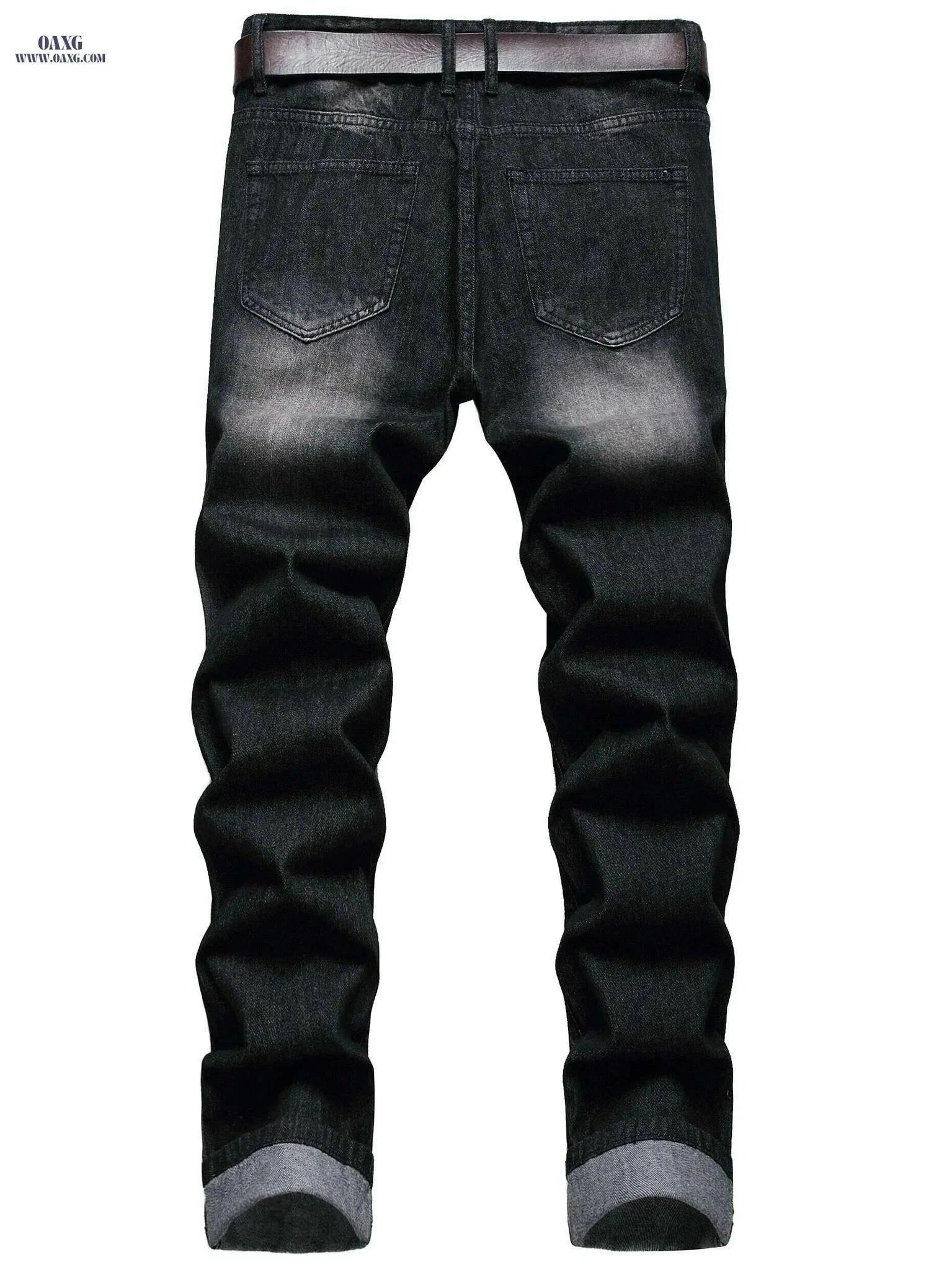 Stylish Ripped Jeans for Men - Slim Fit Straight Leg Denim Pants   OAXG Black / 28