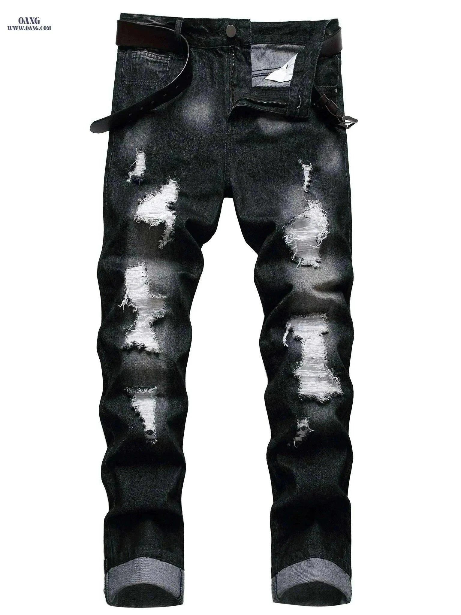 Stylish Ripped Jeans for Men - Slim Fit Straight Leg Denim Pants   OAXG Black / 28