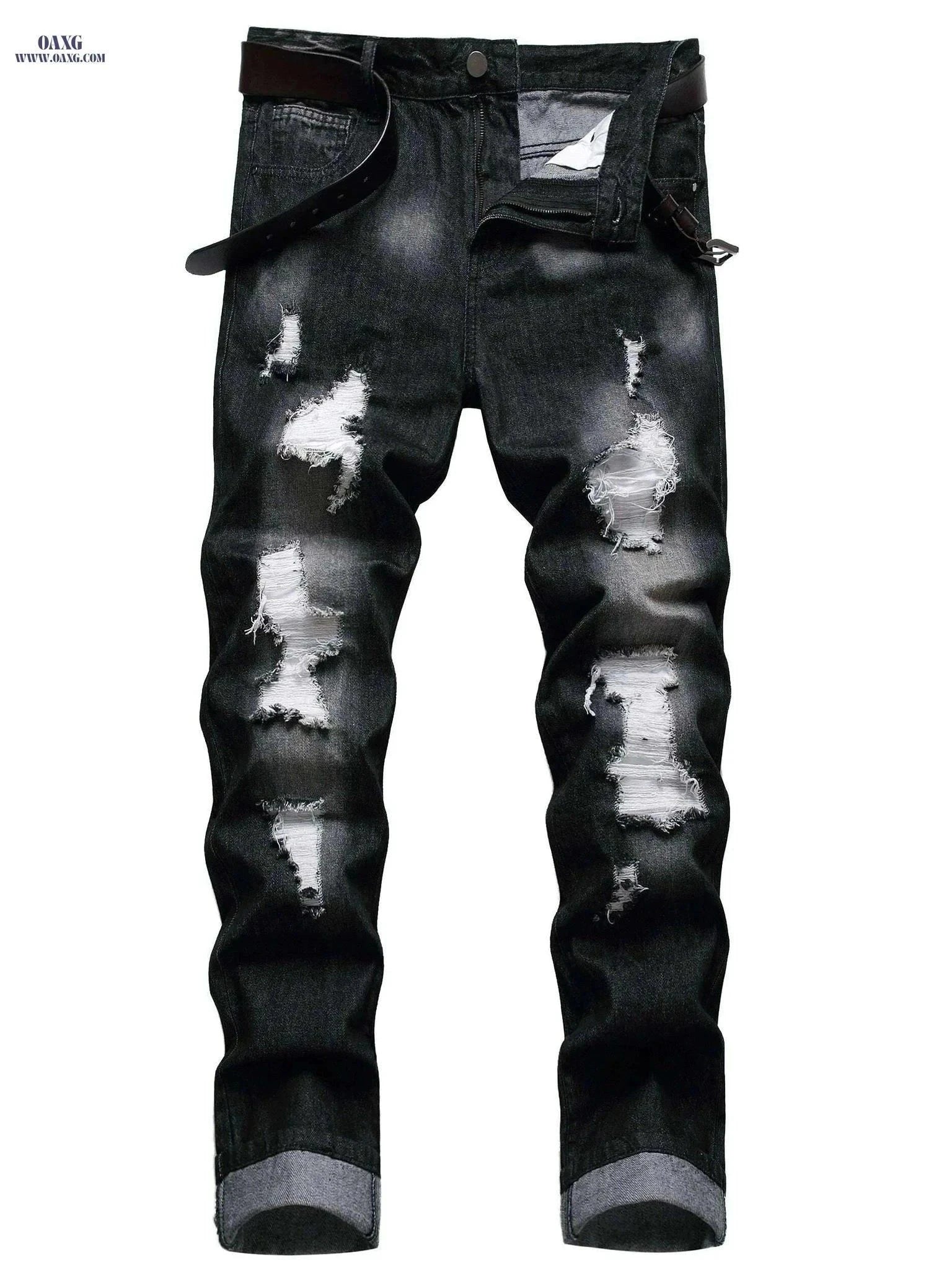 Stylish Ripped Jeans for Men - Slim Fit Straight Leg Denim Pants   OAXG Black / 28