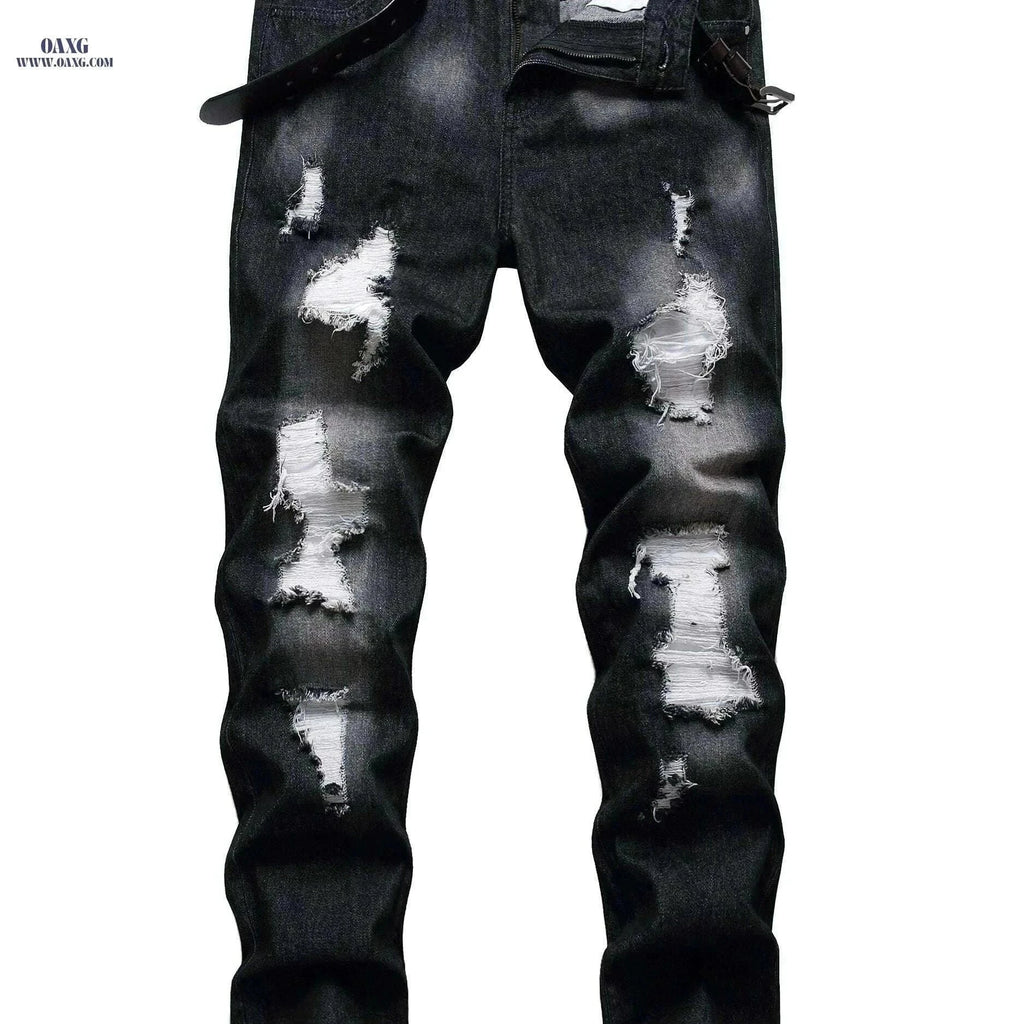 Stylish Ripped Jeans for Men - Slim Fit Straight Leg Denim Pants   OAXG Black / 28