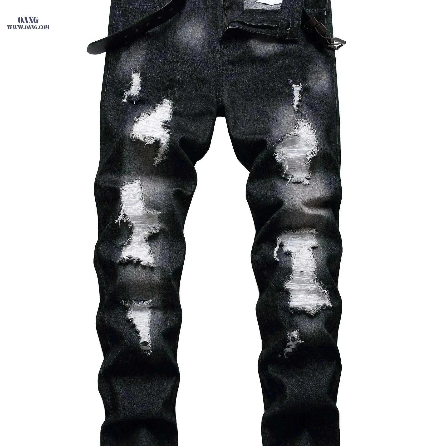 Stylish Ripped Jeans for Men - Slim Fit Straight Leg Denim Pants   OAXG Black / 28