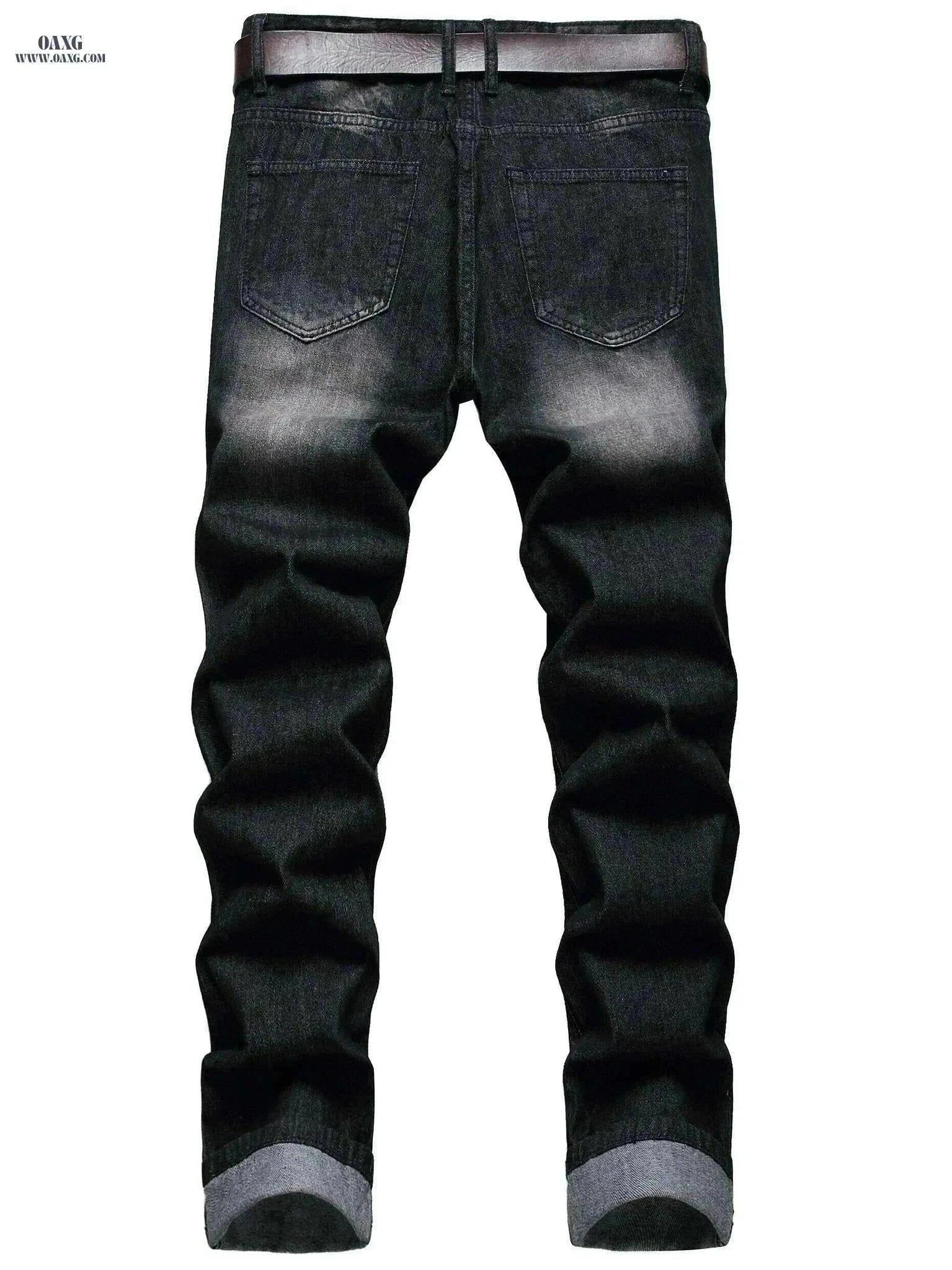 Stylish Ripped Jeans for Men - Slim Fit Straight Leg Denim Pants   OAXG Black / 28