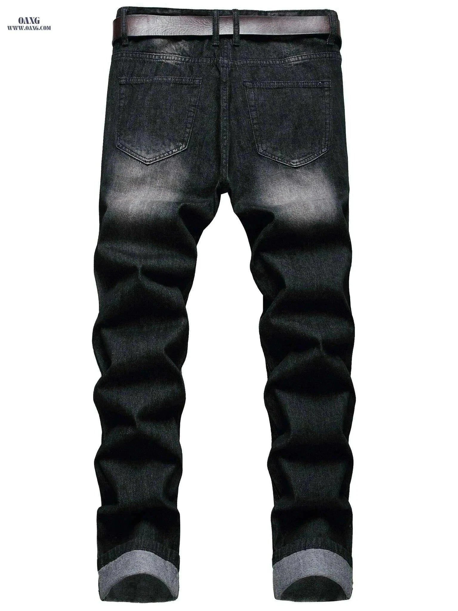 Stylish Ripped Jeans for Men - Slim Fit Straight Leg Denim Pants   OAXG Black / 28