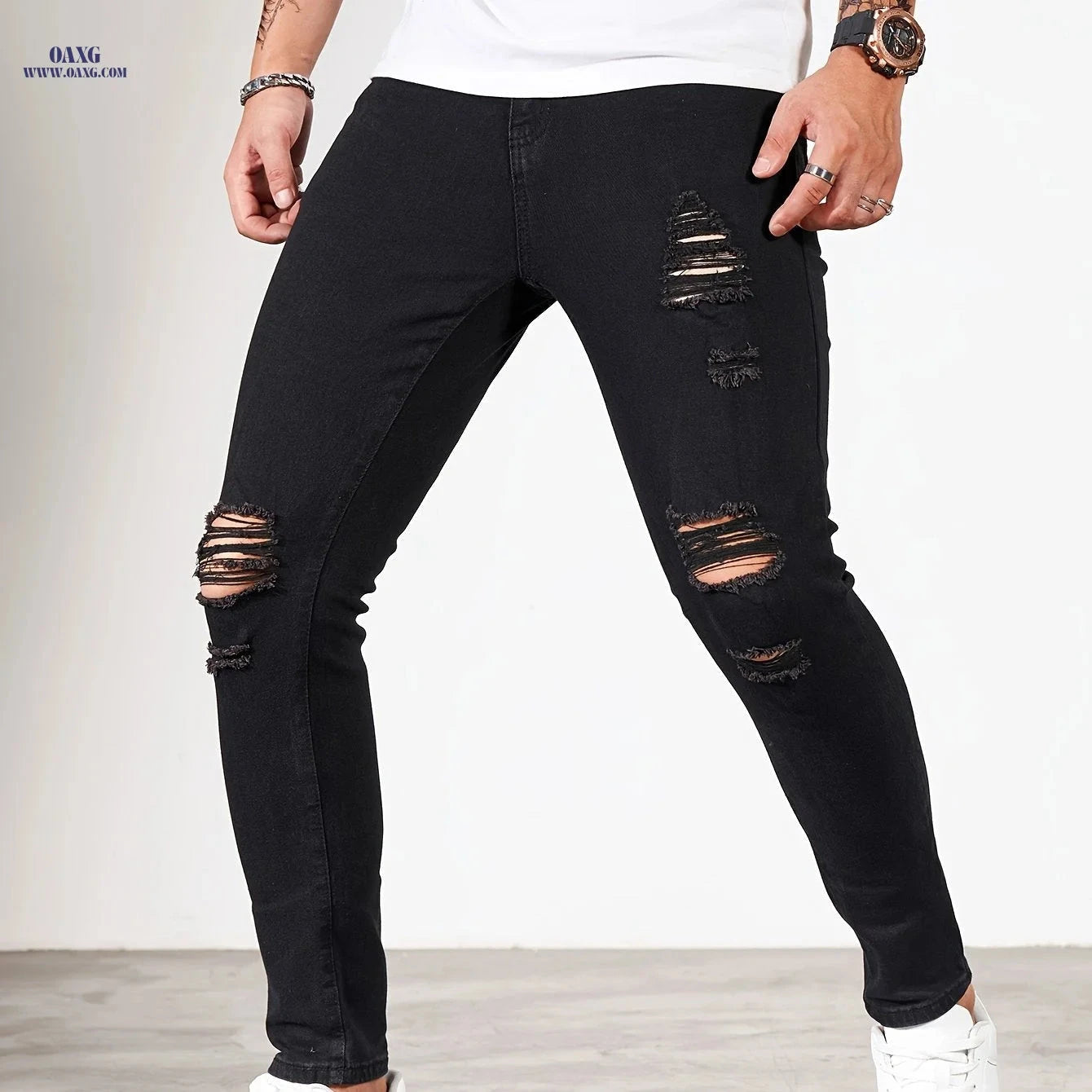 Stylish Ripped Men's Skinny Jeans - All-Season Casual Denim   OAXG 