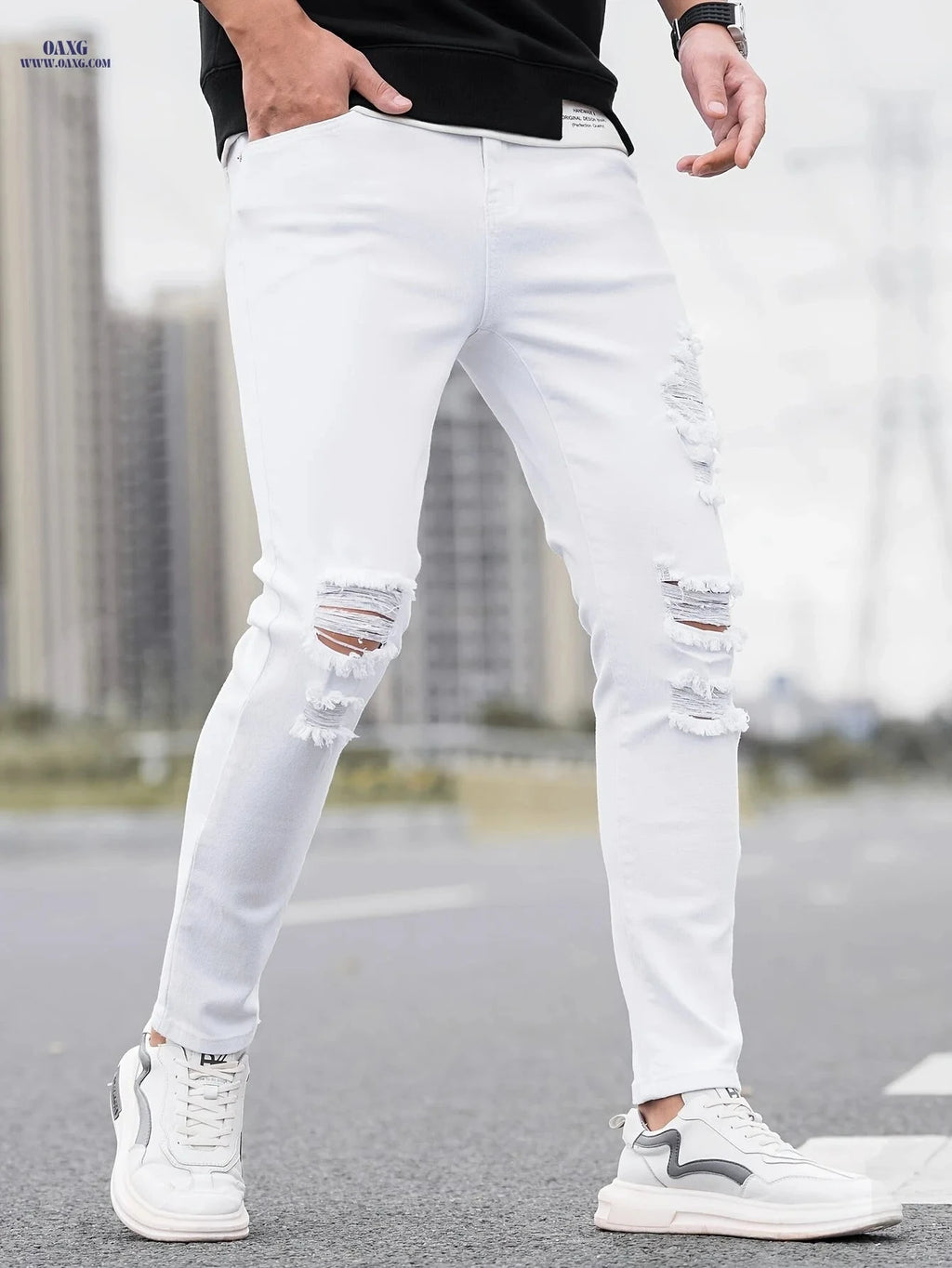Stylish Ripped Men's Skinny Jeans - All-Season Casual Denim   OAXG White / FR S