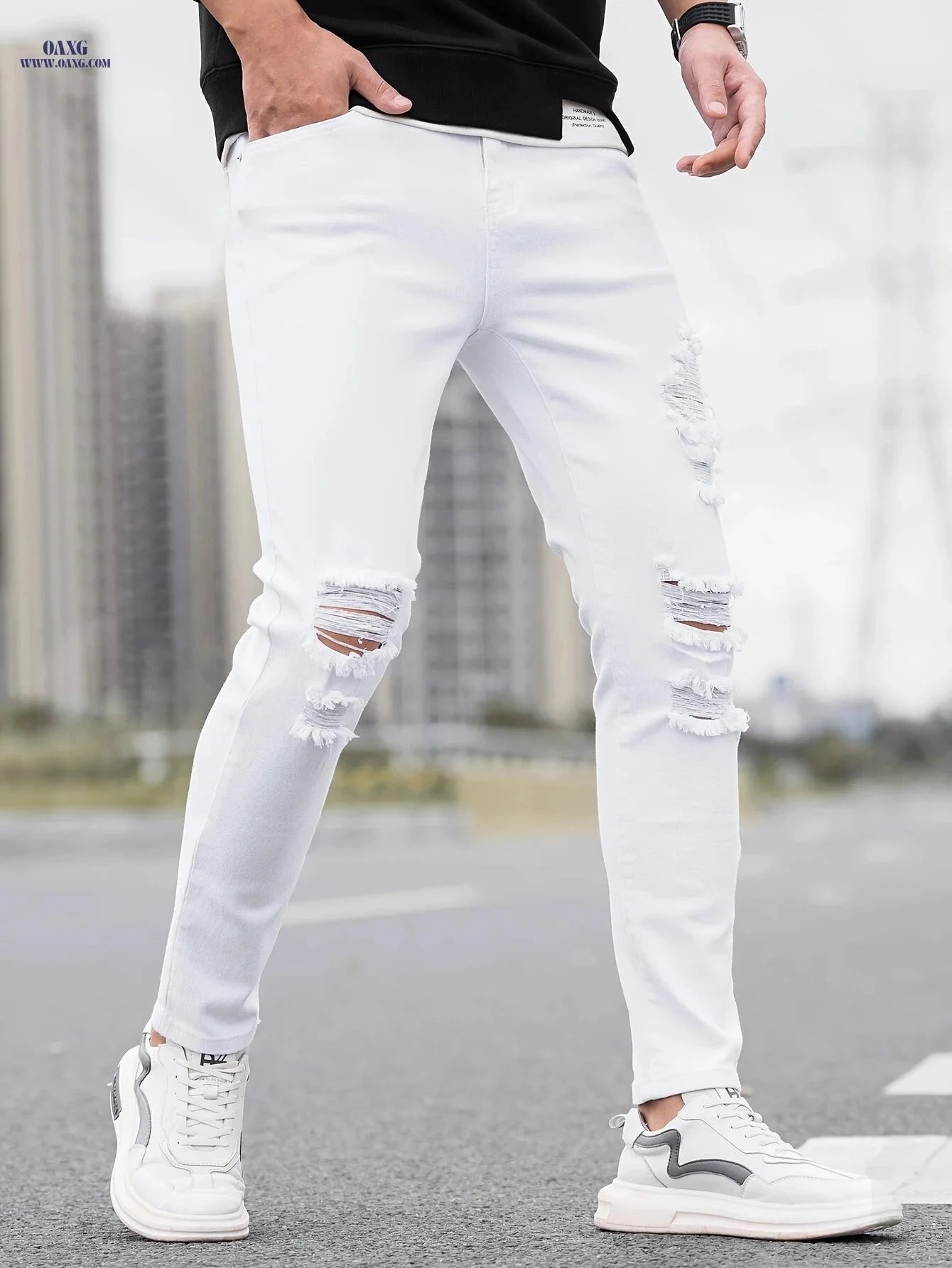 Stylish Ripped Men's Skinny Jeans - All-Season Casual Denim   OAXG White / FR S