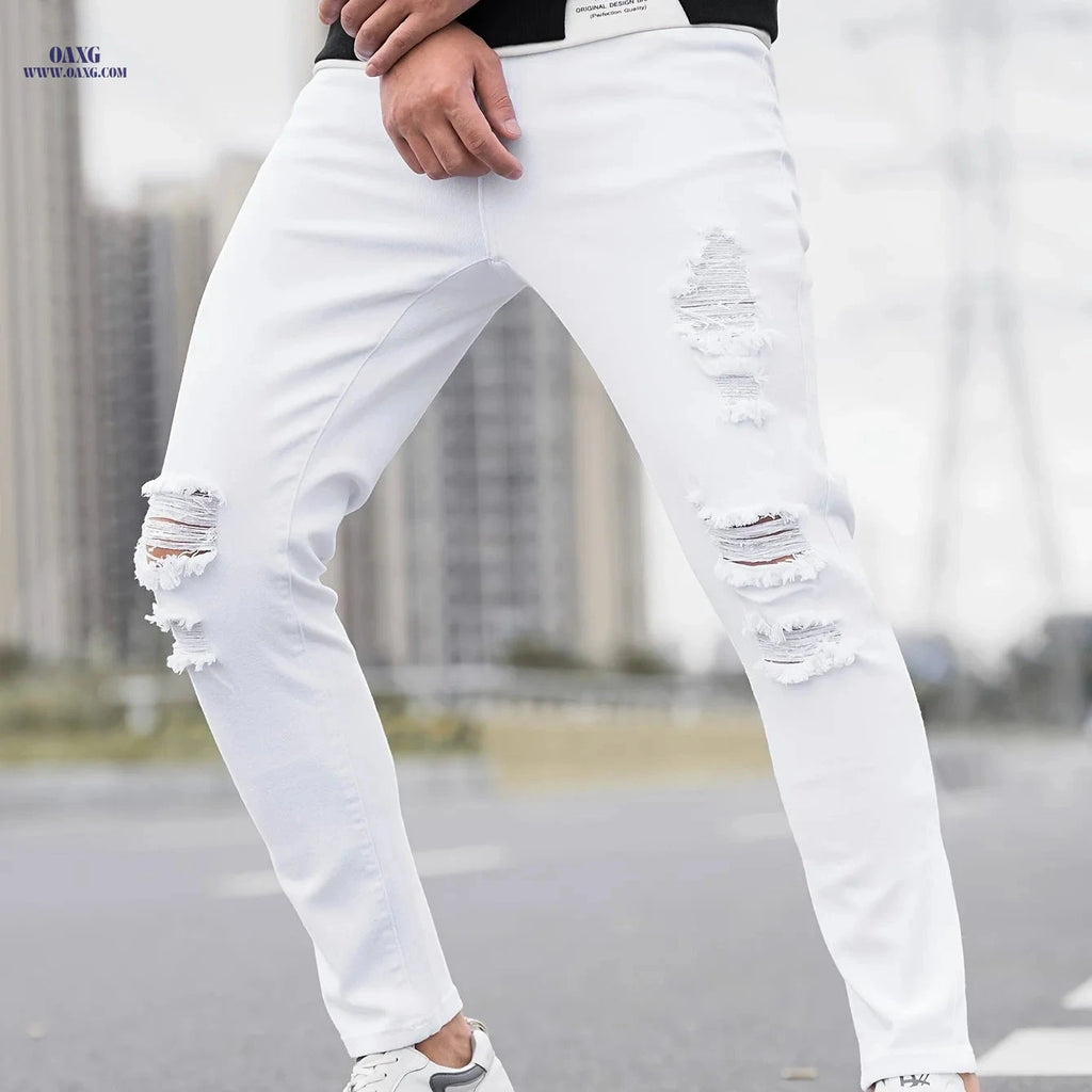 Stylish Ripped Men's Skinny Jeans - All-Season Casual Denim   OAXG White / FR S