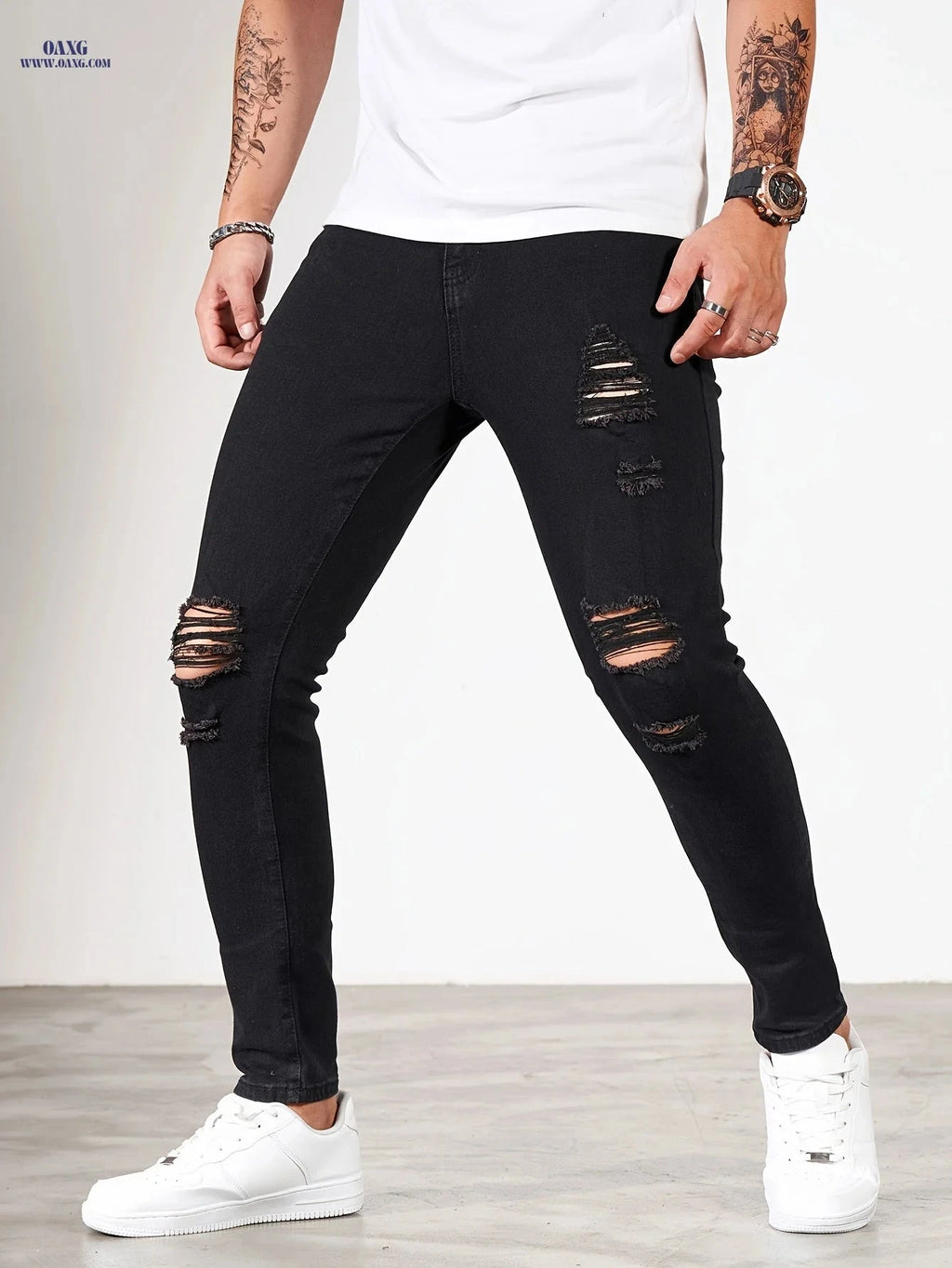 Stylish Ripped Men's Skinny Jeans - All-Season Casual Denim   OAXG White / FR S