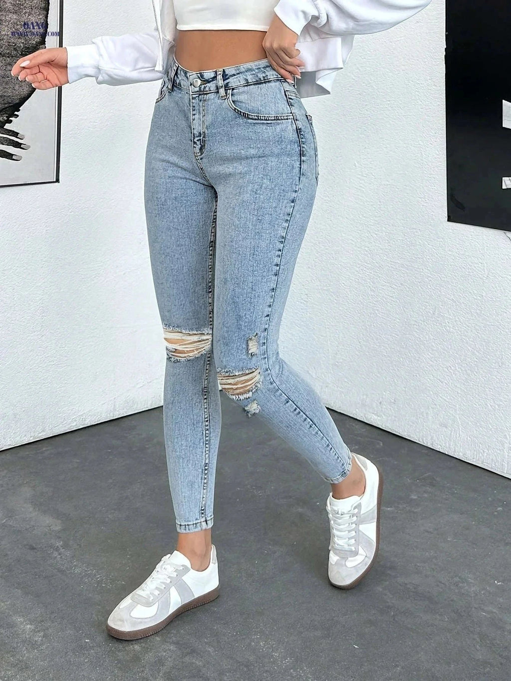 Stylish Ripped Women's Skinny Jeans - High Stretch, All-Season Wear   OAXG Light Blue / XS