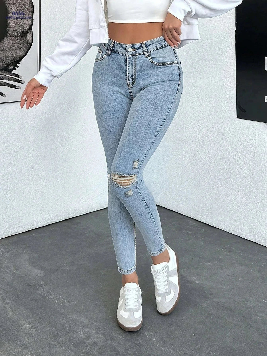 Stylish Ripped Women's Skinny Jeans - High Stretch, All-Season Wear   OAXG Light Blue / XS
