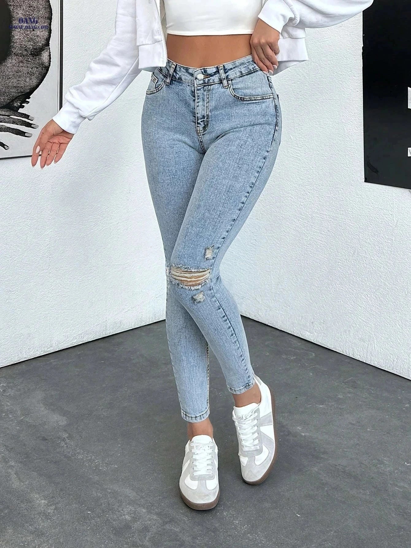 Stylish Ripped Women's Skinny Jeans - High Stretch, All-Season Wear   OAXG Light Blue / XS