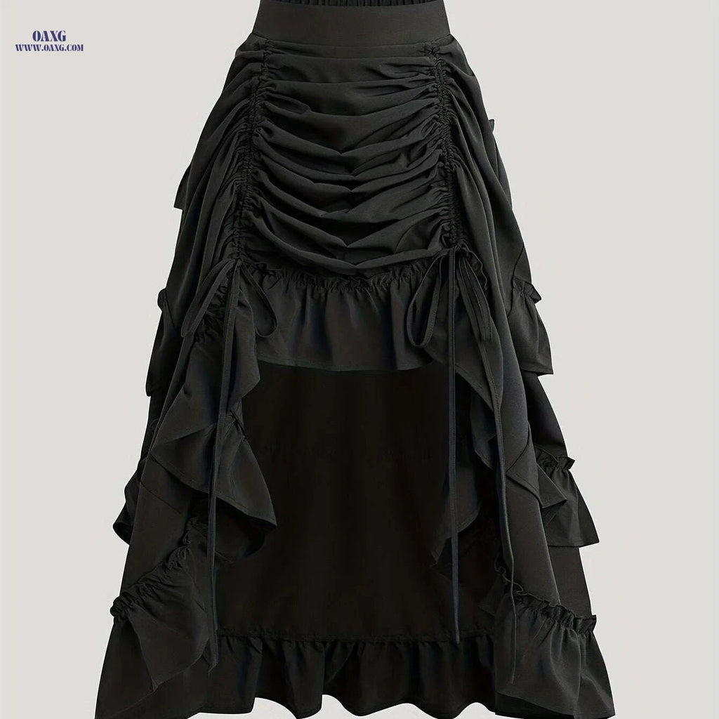 Stylish Ruffle Skirt - High Waist A-line Drawstring Skirt for Women   OAXG Black / S