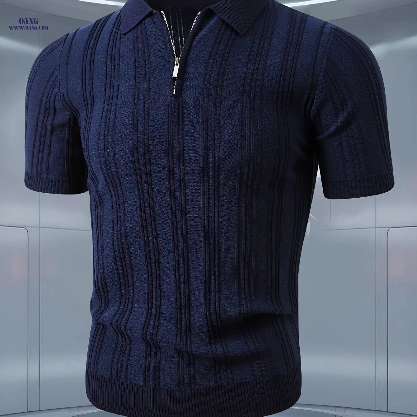 Stylish Short-Sleeve Polo Shirt for Men - Quarter-Zip, Striped Design   OAXG 