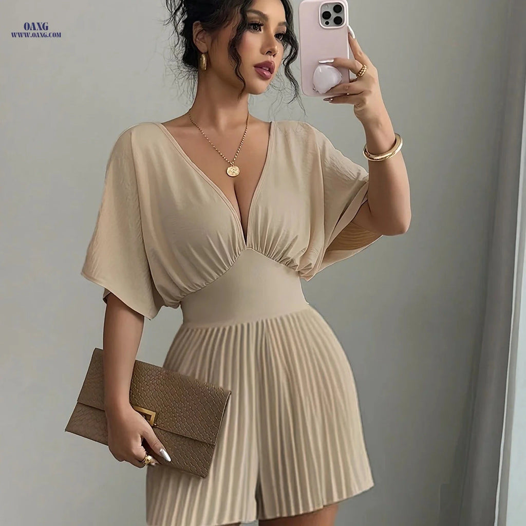 Stylish Solid-Color Jumpsuit - Elegant Wide V-Neck for Spring/Summer   OAXG Apricot / S