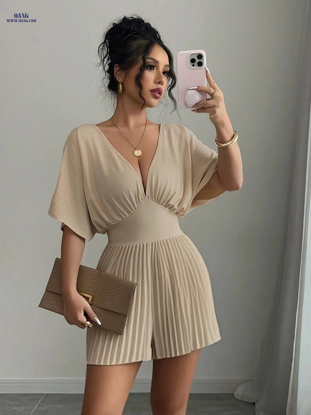 Stylish Solid-Color Jumpsuit - Elegant Wide V-Neck for Spring/Summer   OAXG Apricot / S