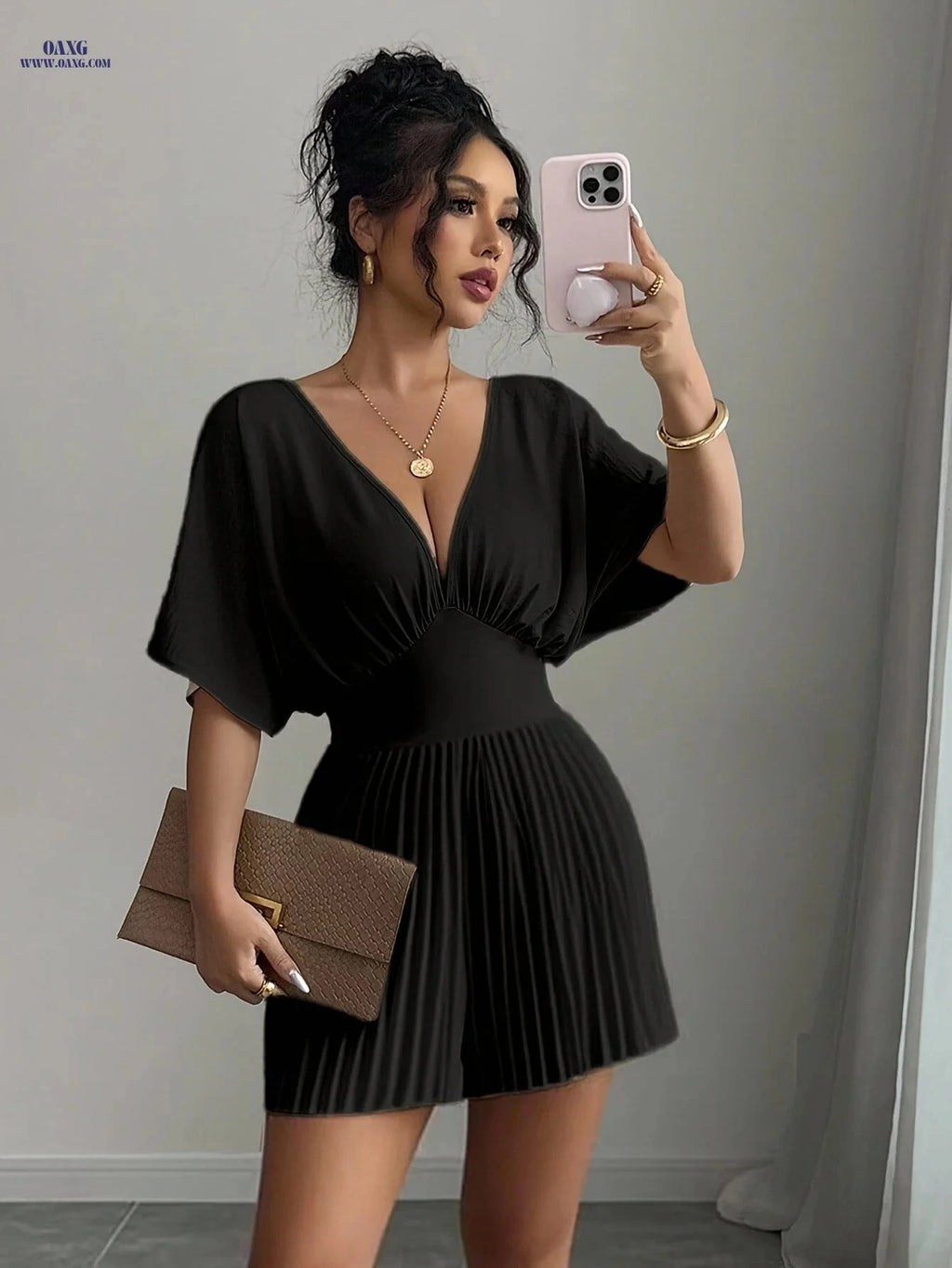 Stylish Solid-Color Jumpsuit - Elegant Wide V-Neck for Spring/Summer   OAXG Apricot / S