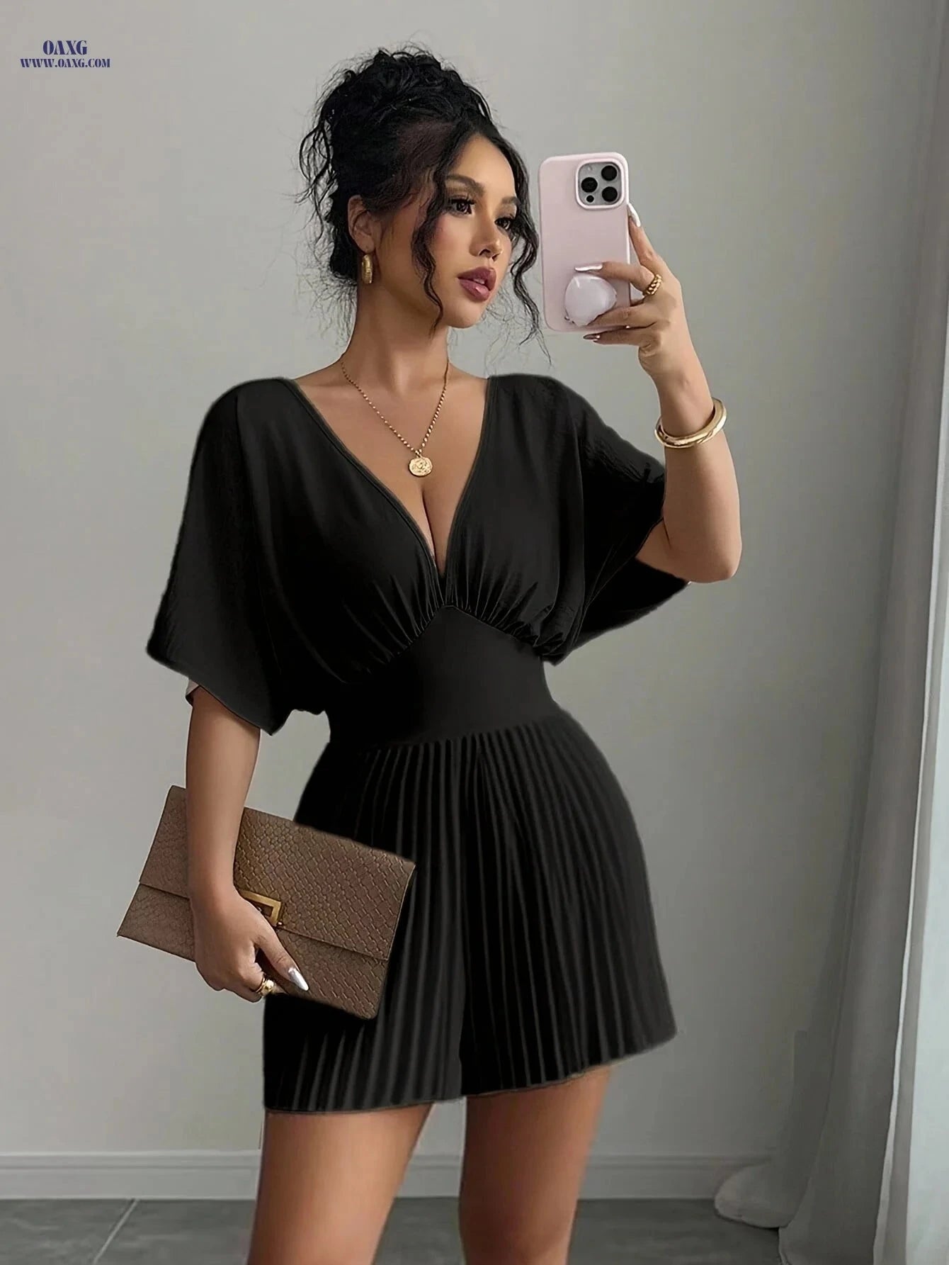Stylish Solid-Color Jumpsuit - Elegant Wide V-Neck for Spring/Summer   OAXG Apricot / S