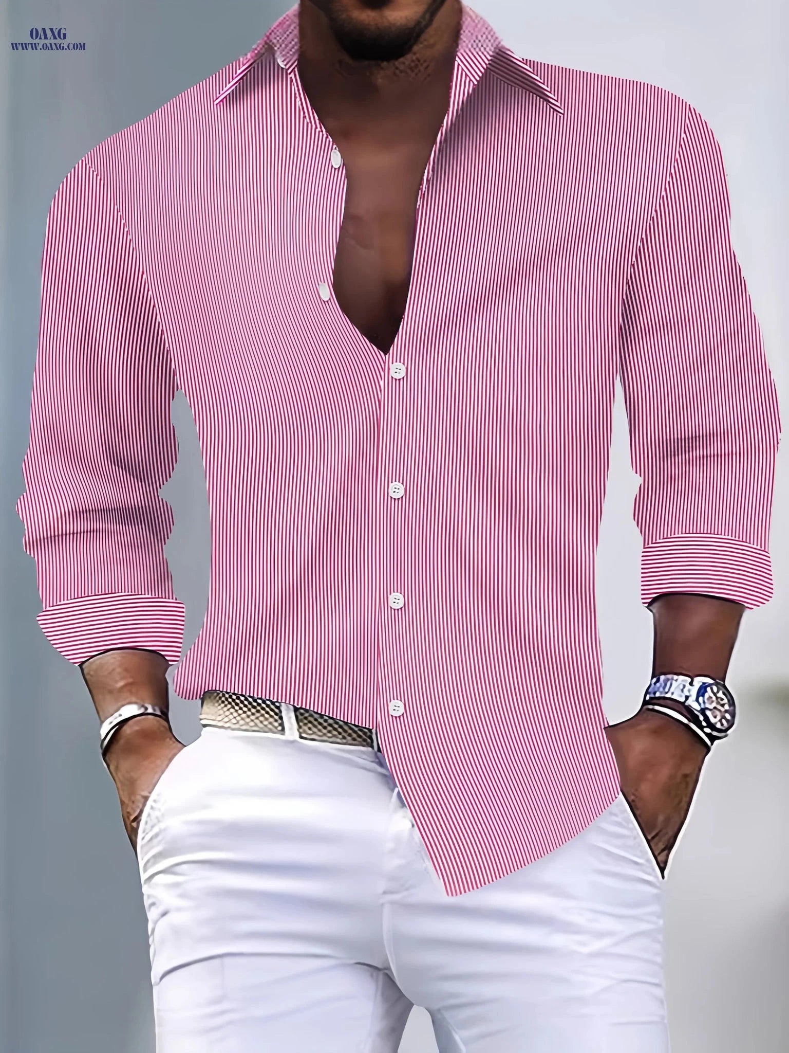 Stylish Striped Men's Long-Sleeve Shirt - Casual Fit for Spring & Fall   OAXG 