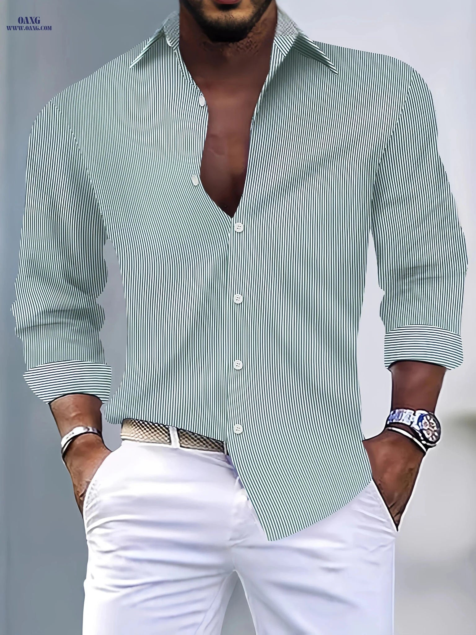 Stylish Striped Men's Long-Sleeve Shirt - Casual Fit for Spring & Fall   OAXG 