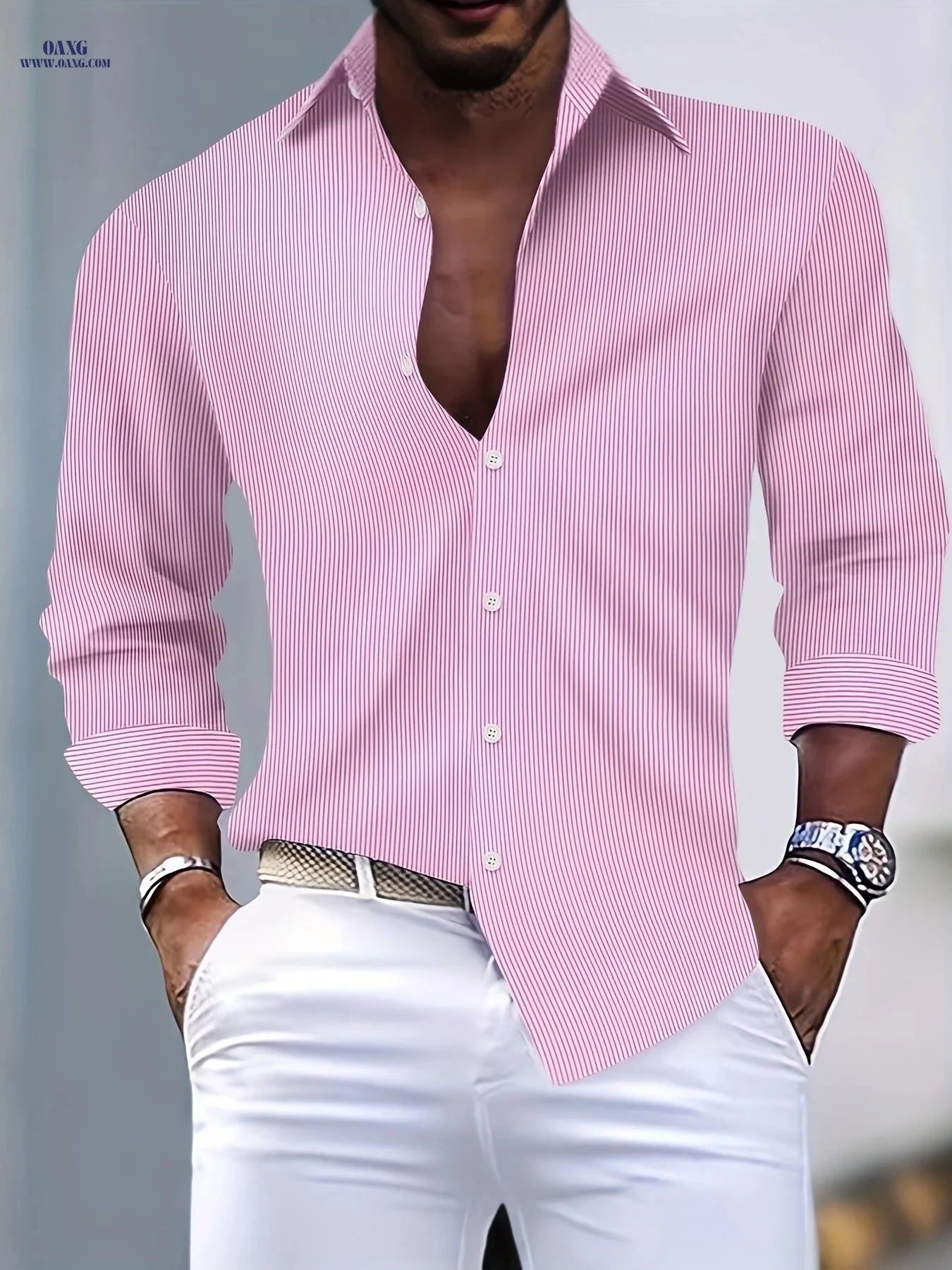 Stylish Striped Men's Long-Sleeve Shirt - Casual Fit for Spring & Fall   OAXG Sky Blue / FR S