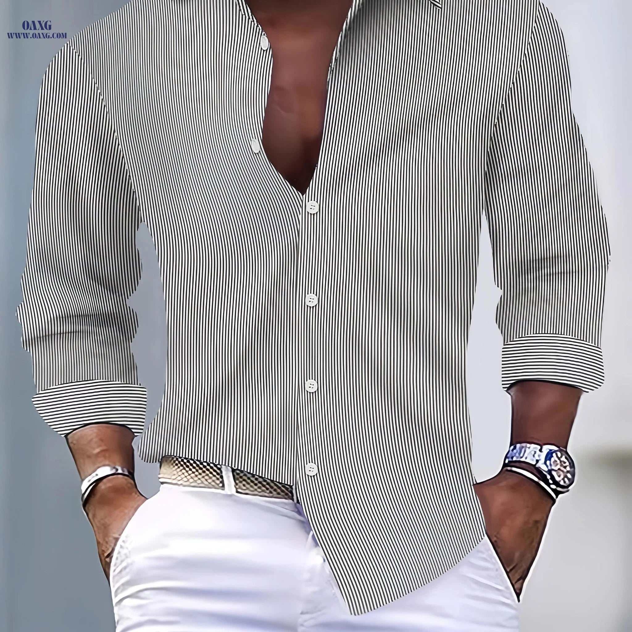 Stylish Striped Men's Long-Sleeve Shirt - Casual Fit for Spring & Fall   OAXG Sky Blue / FR S