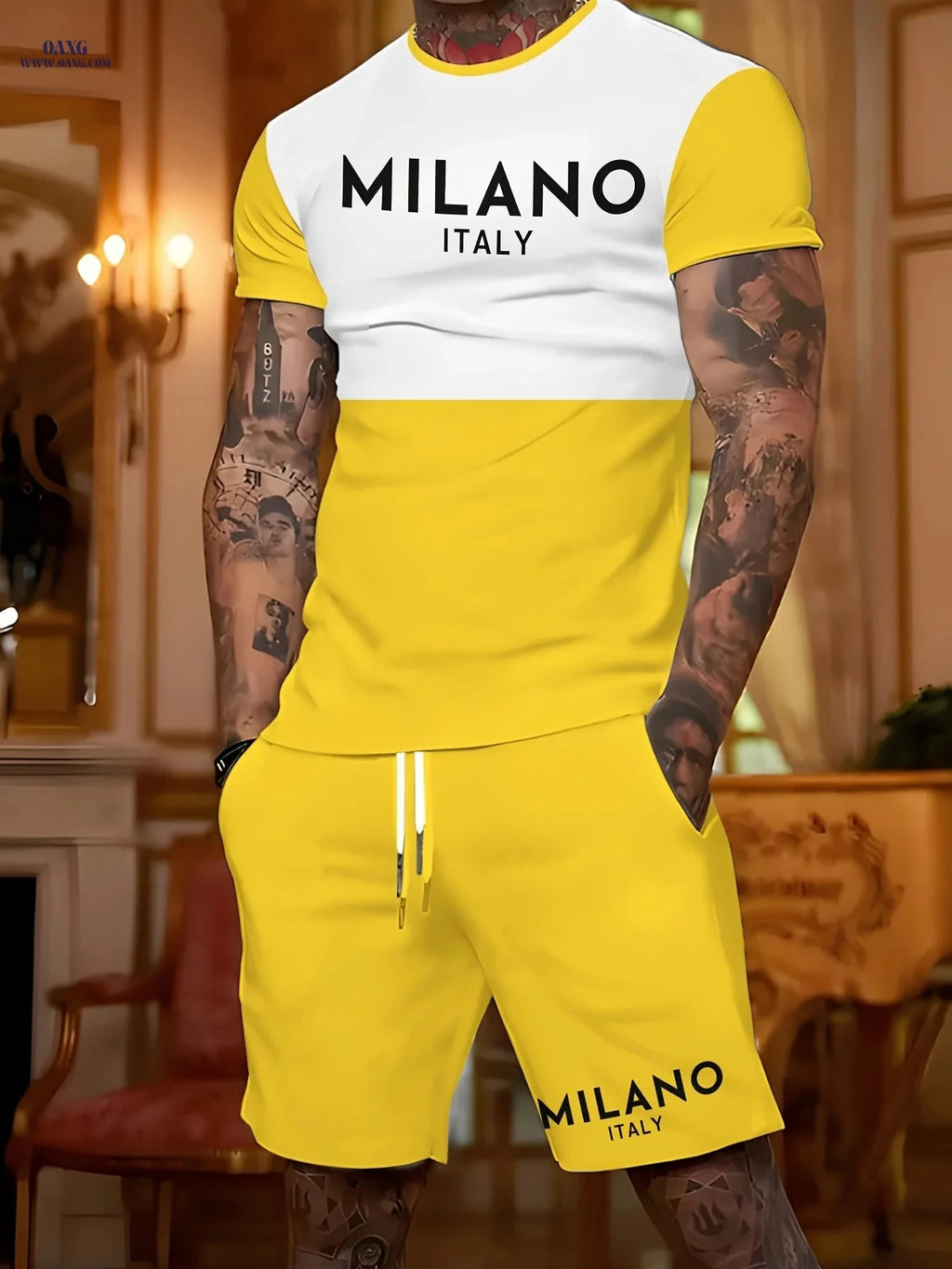 Stylish Summer Outfit for Men - Yellow & White Casual T-Shirt & Shorts   OAXG 