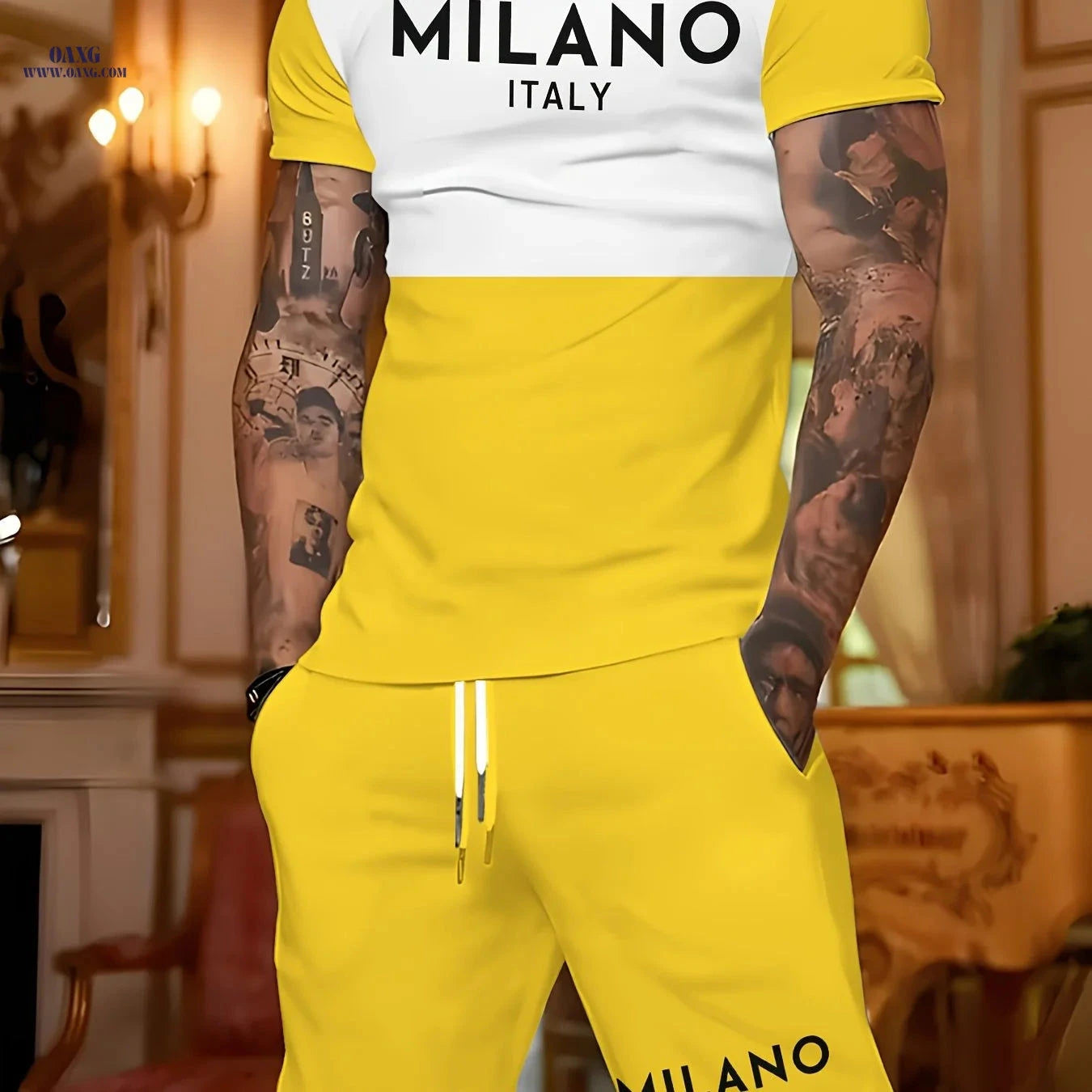 Stylish Summer Outfit for Men - Yellow & White Casual T-Shirt & Shorts   OAXG 