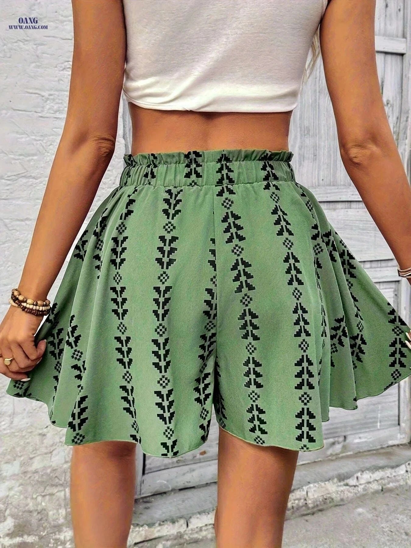 Stylish Summer Women's Chain Striped Culottes - Elegant Polyester Design   OAXG Green / S