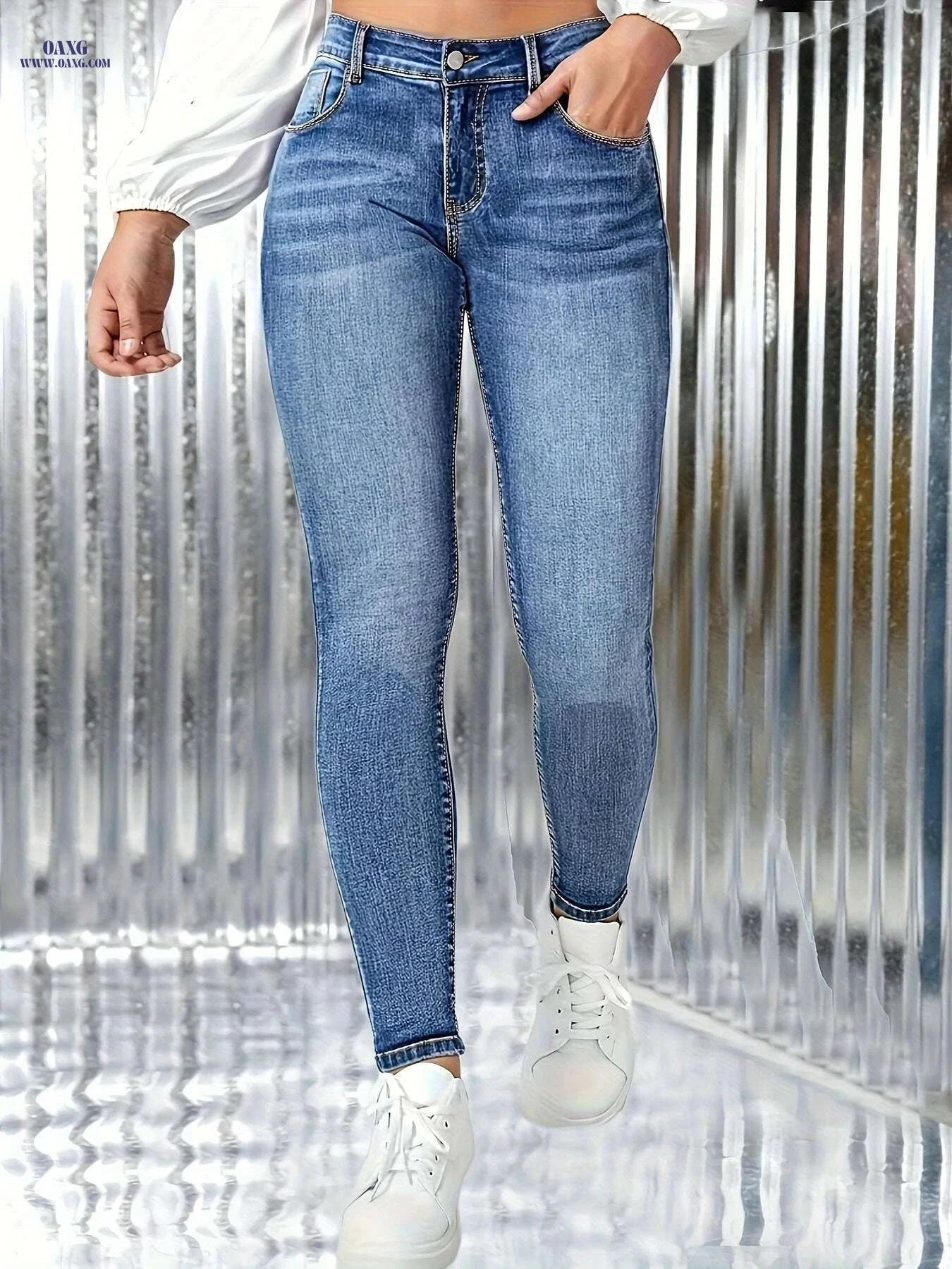 Stylish Whiskering Skinny Jeans - High Stretch Denim Pants for Women   OAXG Blue / XS