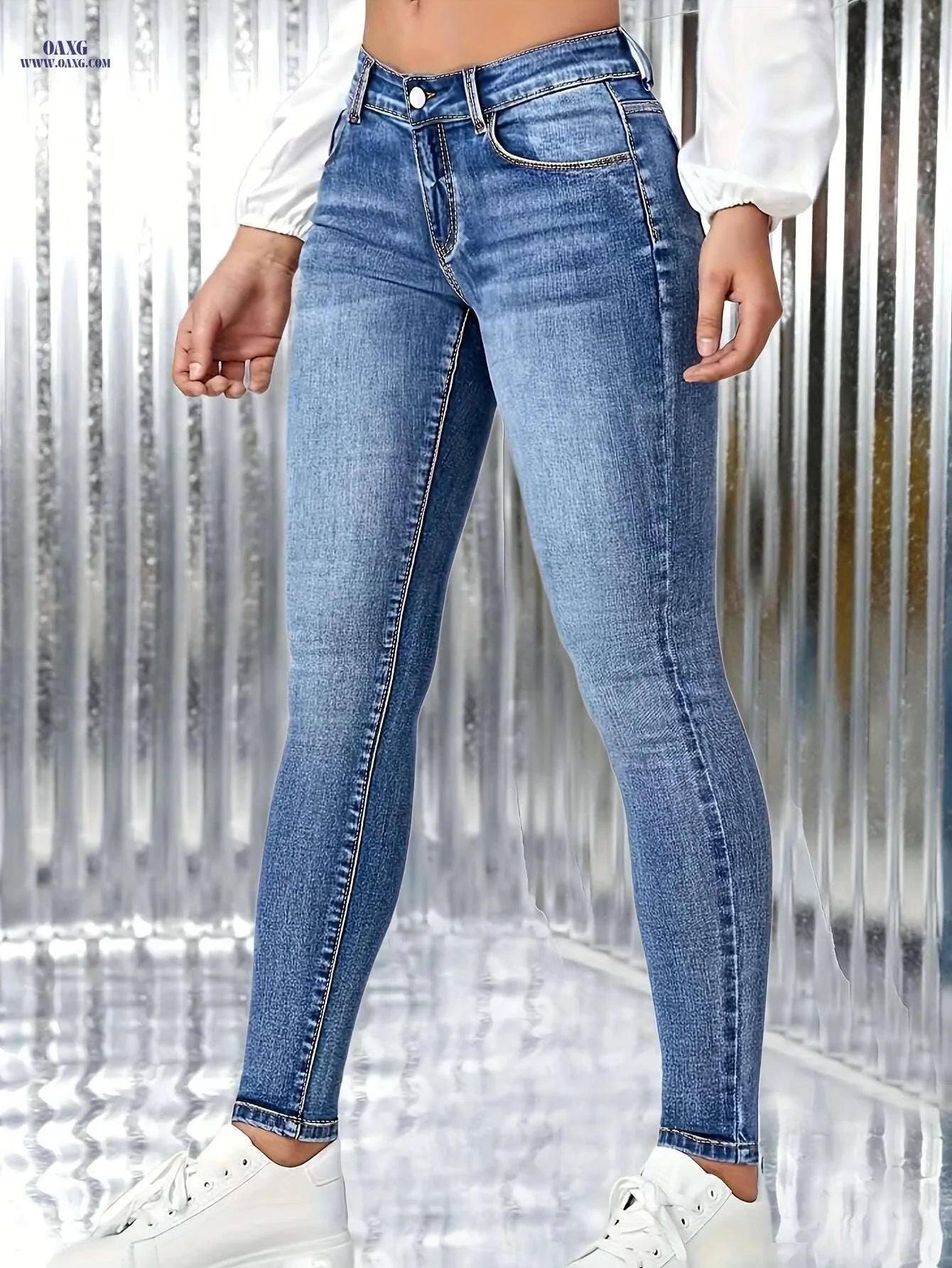 Stylish Whiskering Skinny Jeans - High Stretch Denim Pants for Women   OAXG Blue / XS
