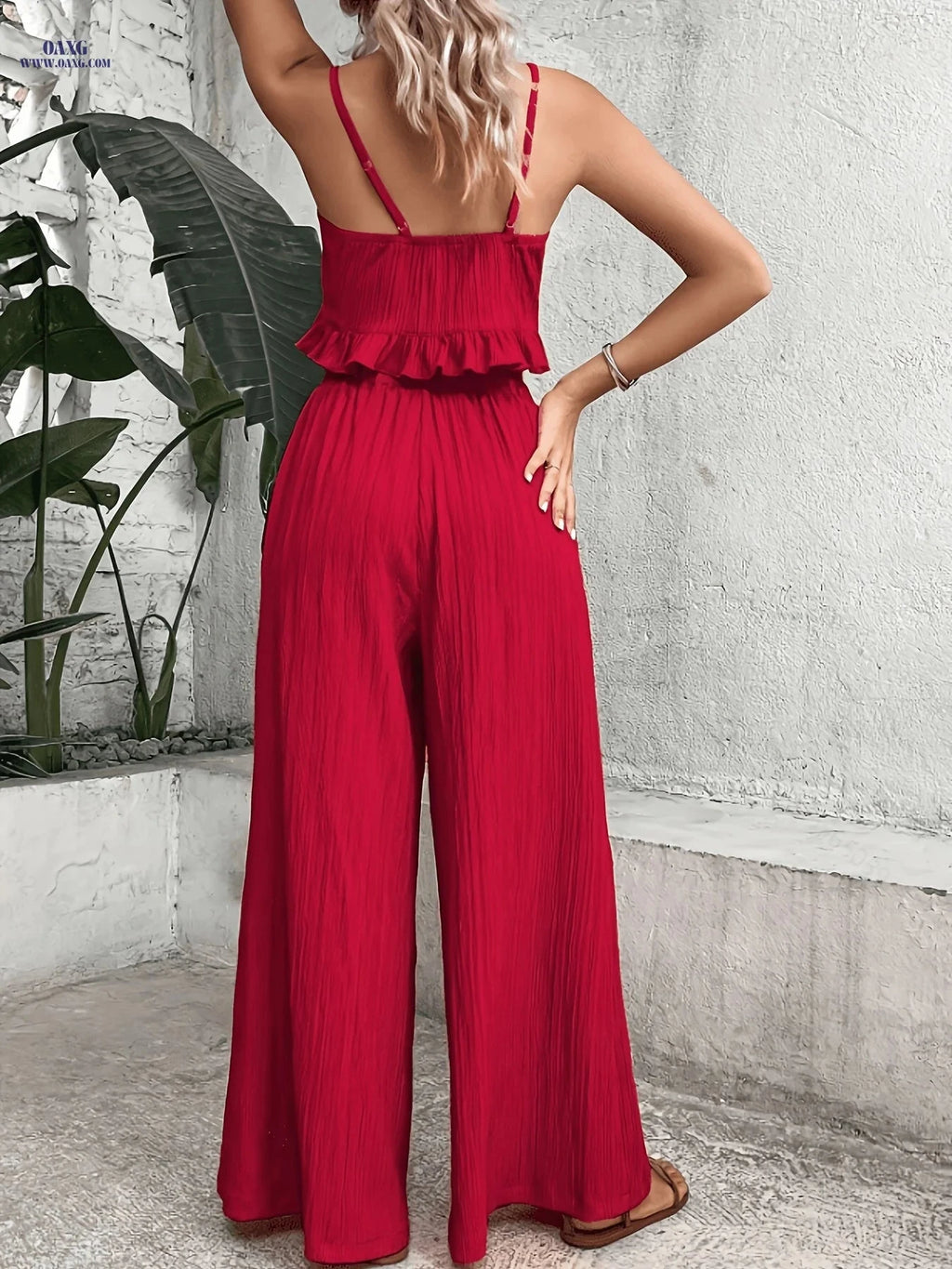 Stylish Wide-Leg Pants Set - Deep V Backless Design for Women   OAXG 