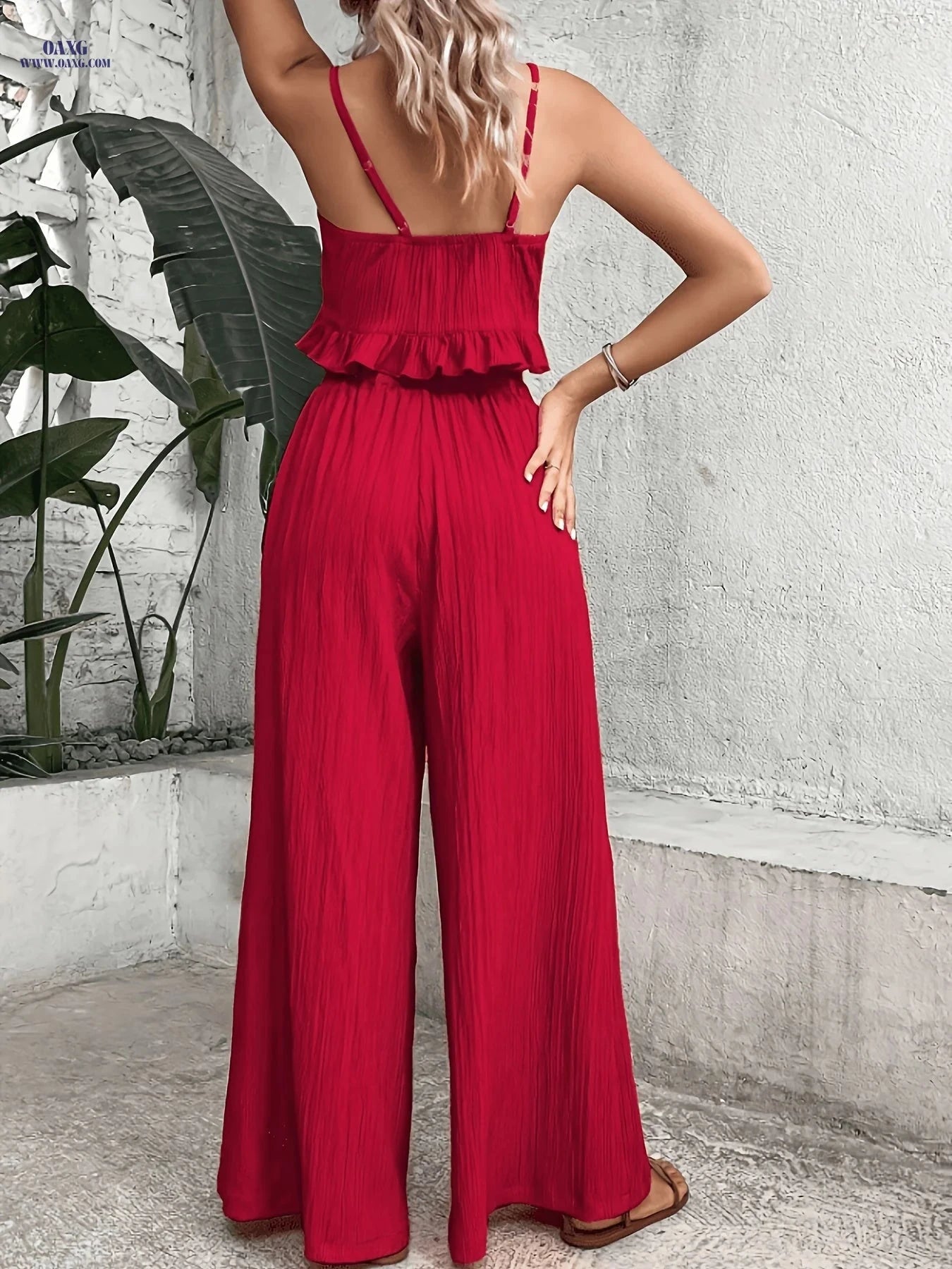 Stylish Wide-Leg Pants Set - Deep V Backless Design for Women   OAXG 