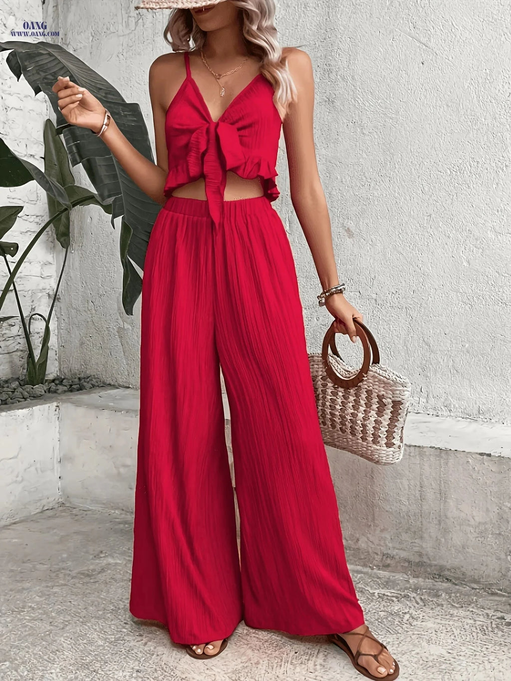 Stylish Wide-Leg Pants Set - Deep V Backless Design for Women   OAXG 