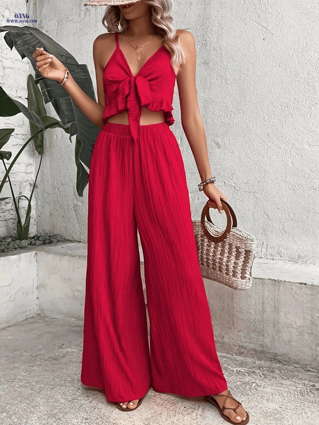 Stylish Wide-Leg Pants Set - Deep V Backless Design for Women   OAXG 