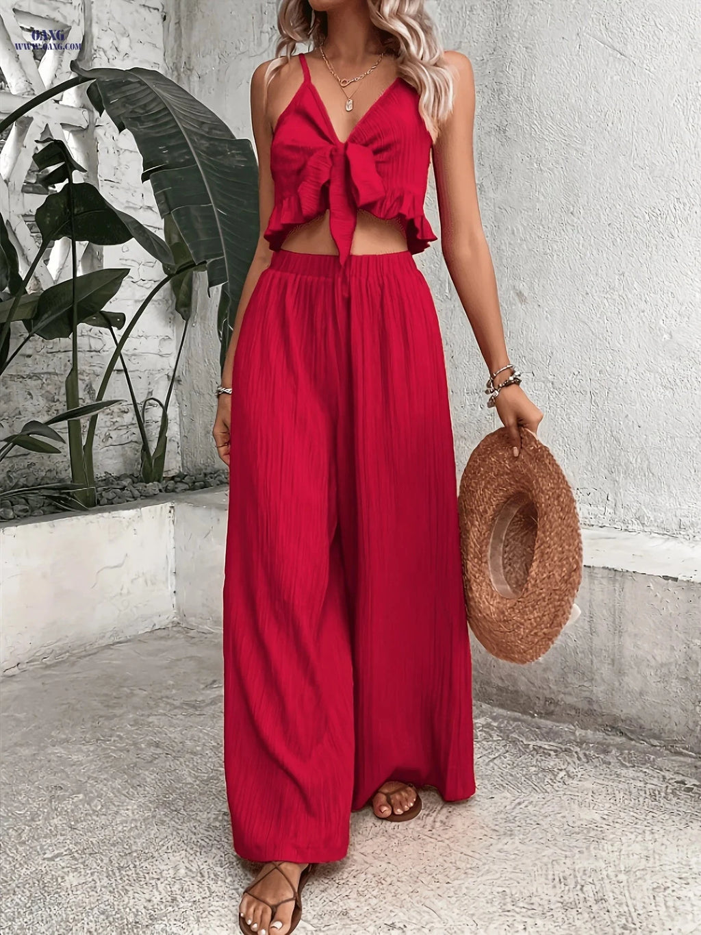 Stylish Wide-Leg Pants Set - Deep V Backless Design for Women   OAXG Red / S
