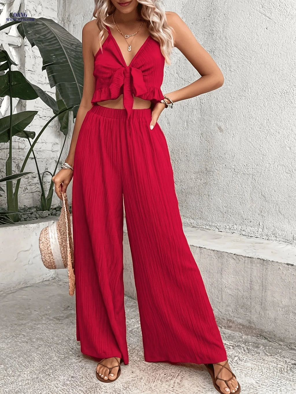 Stylish Wide-Leg Pants Set - Deep V Backless Design for Women   OAXG Red / S