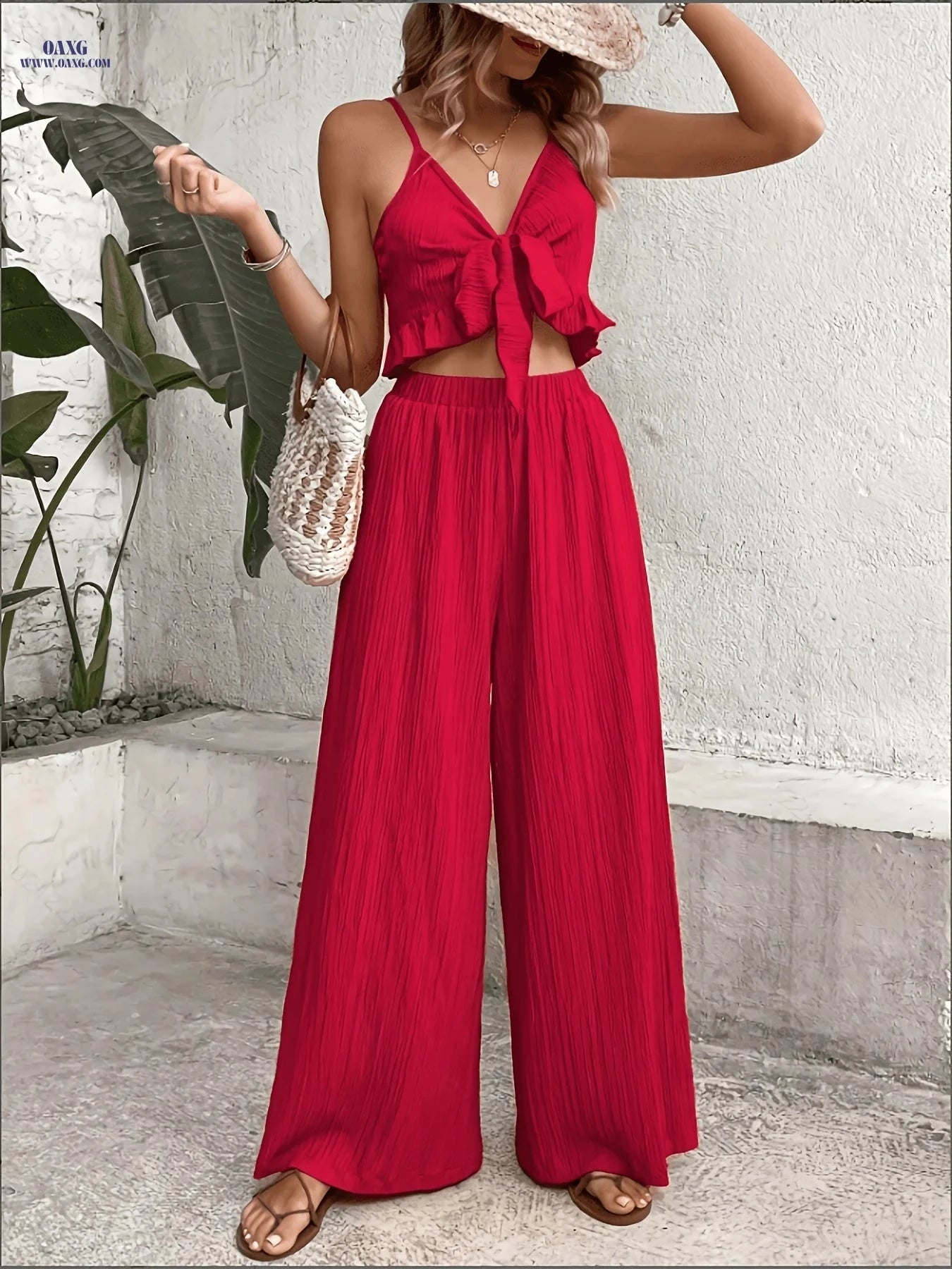 Stylish Wide-Leg Pants Set - Deep V Backless Design for Women   OAXG Red / S