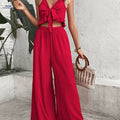 Stylish Wide-Leg Pants Set - Deep V Backless Design for Women   OAXG Red / S