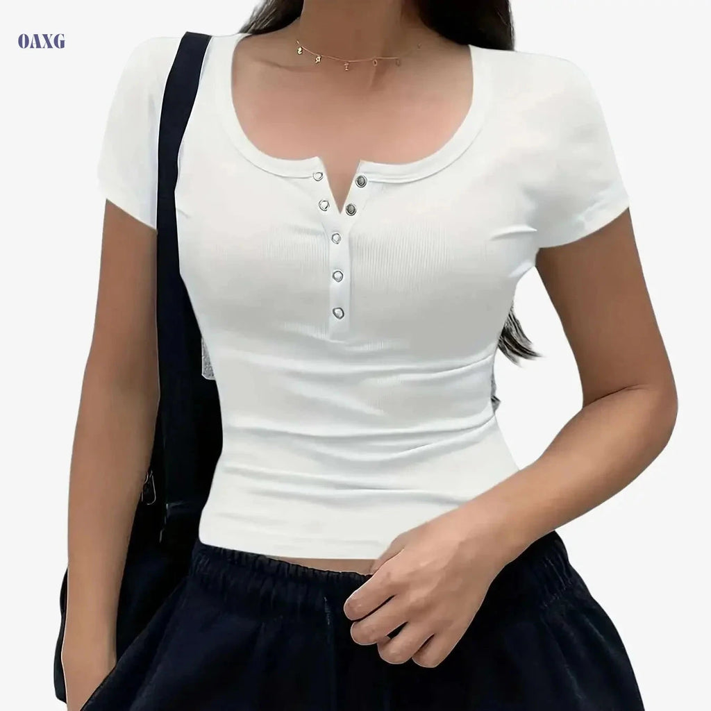 Stylish Women's Beige Short Sleeve Crop Top - Perfect for Summer Casual   OAXG 