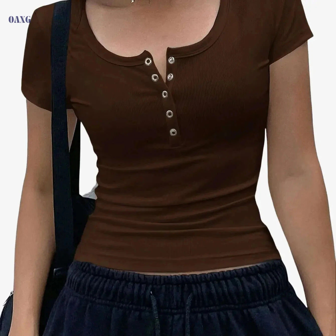 Stylish Women's Beige Short Sleeve Crop Top - Perfect for Summer Casual   OAXG 