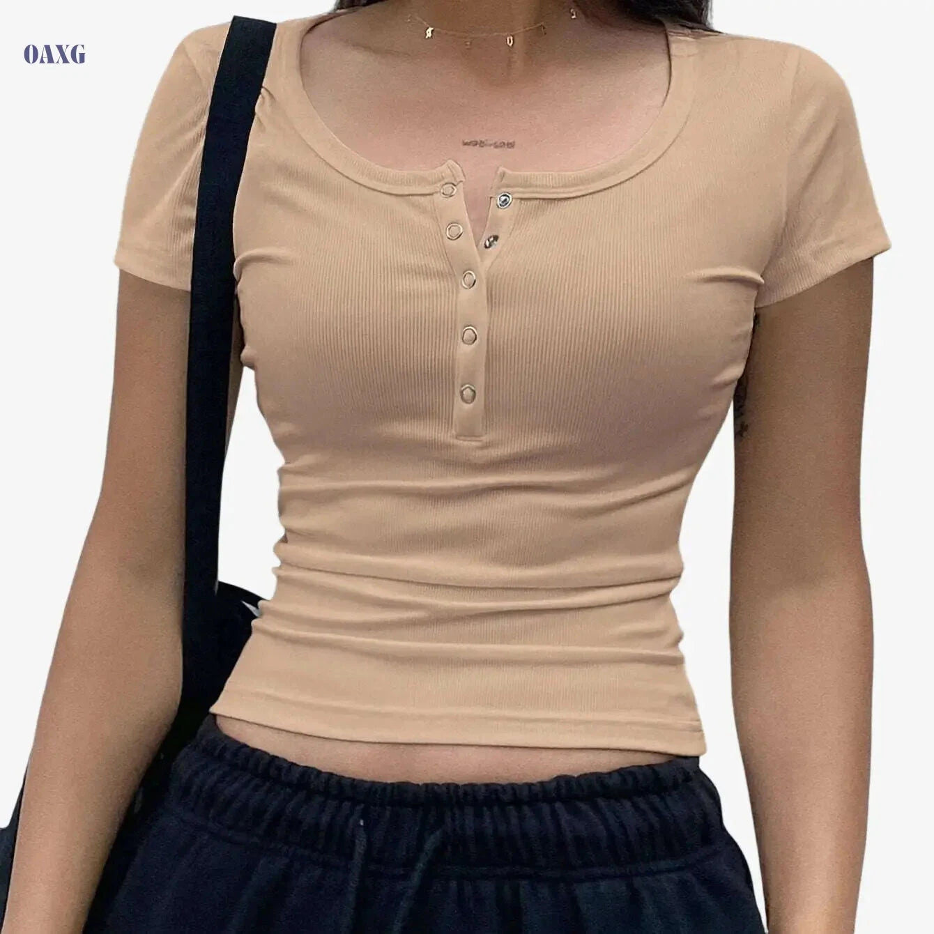 Stylish Women's Beige Short Sleeve Crop Top - Perfect for Summer Casual   OAXG White / XS